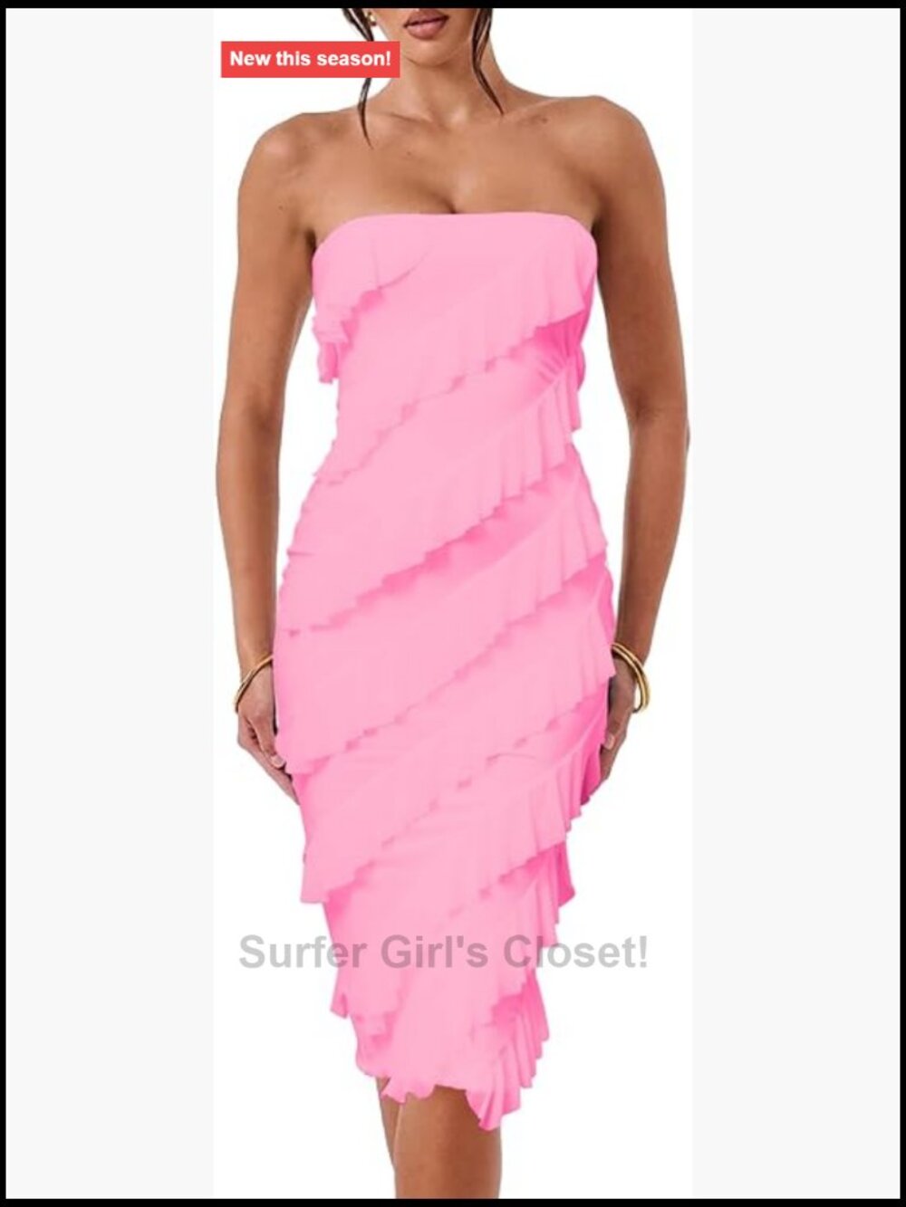 Sexy Strapless Tube Mesh Ruffle Bodycon Midi Party Dress